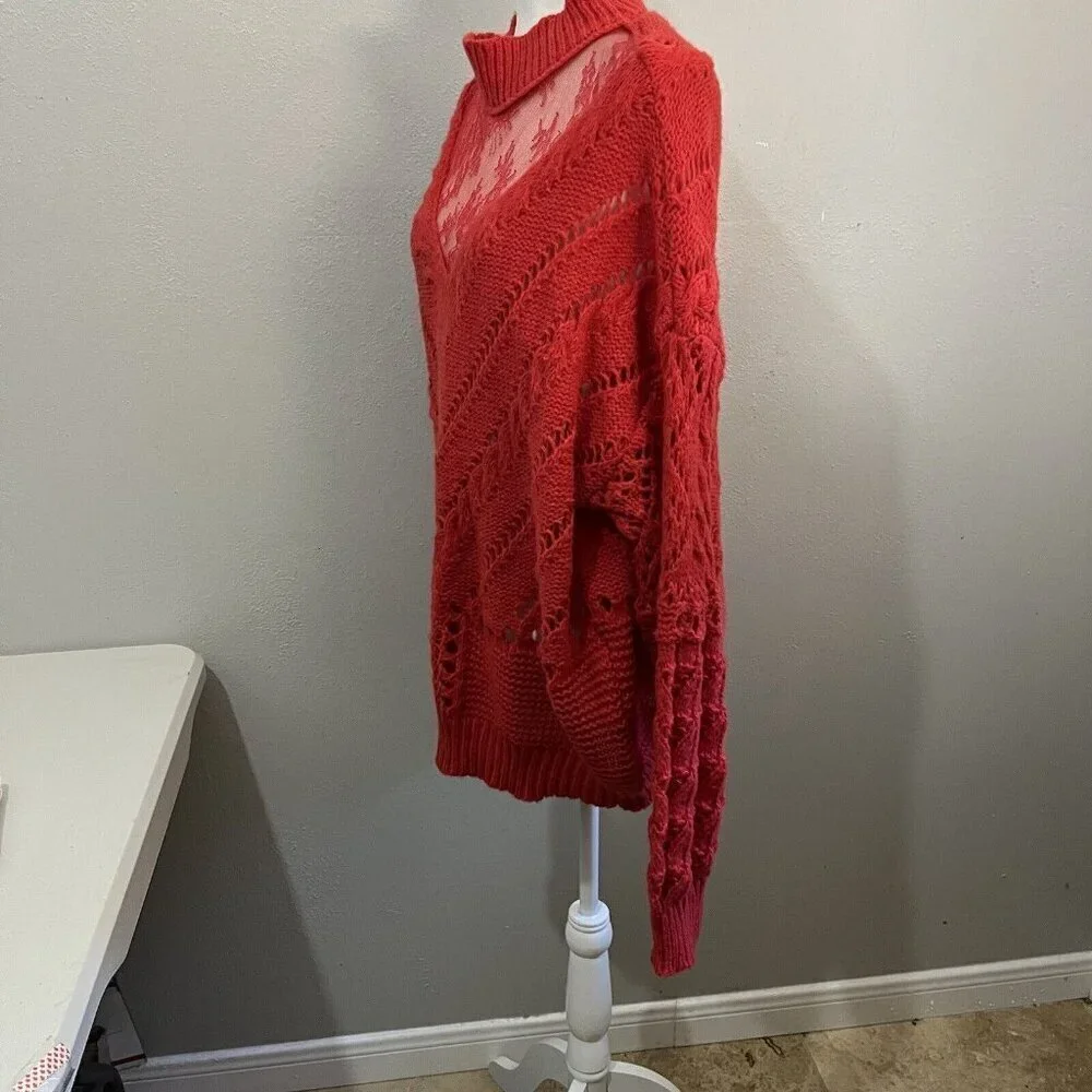 BiBi Knit Sweater Lace Collar Red Open Knit Chunky Size XL